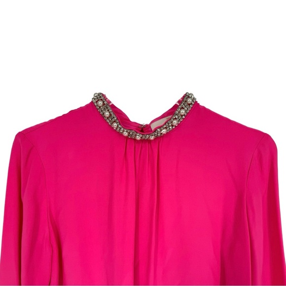 Amanda Uprichard Large Silk Jeweled Collar‎ Blouse Pink Pearl Rhinestone Holiday - Picture 3 of 7